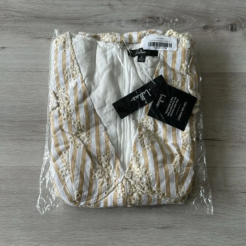 Lulus Sunny Crush Striped Embroidered Mini Dress Beige/Ivory M NWT IN PACKAGE - Picture 5 of 7